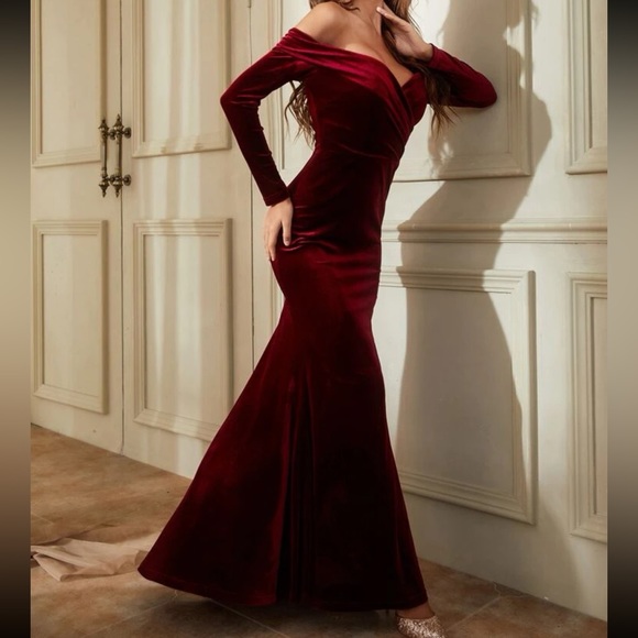 Luxe Velvet Off Shoulder Prom Formal Party Evening Wedding Dress Navy Blue - Picture 11 of 11